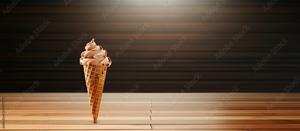 Aufkleber Delicious ice cream cone on a wooden table with warm brown background space for text on the left side creating a cozy inviting atmosphere