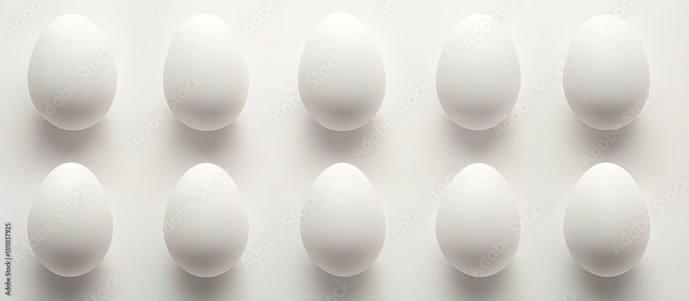 Aufkleber Top view arrangement of ten white chicken eggs on a soft white background emphasizing simplicity and elegance with subtle shadows and highlights.
