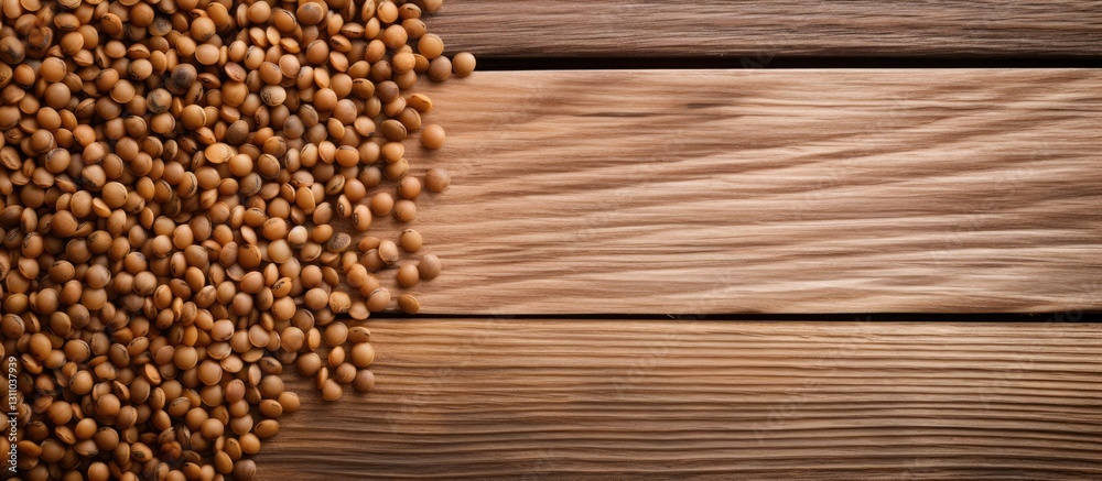 Fototapete Raw lentils in a scattered arrangement on a light wooden table with ample negative space on the right for text placement and design elements.