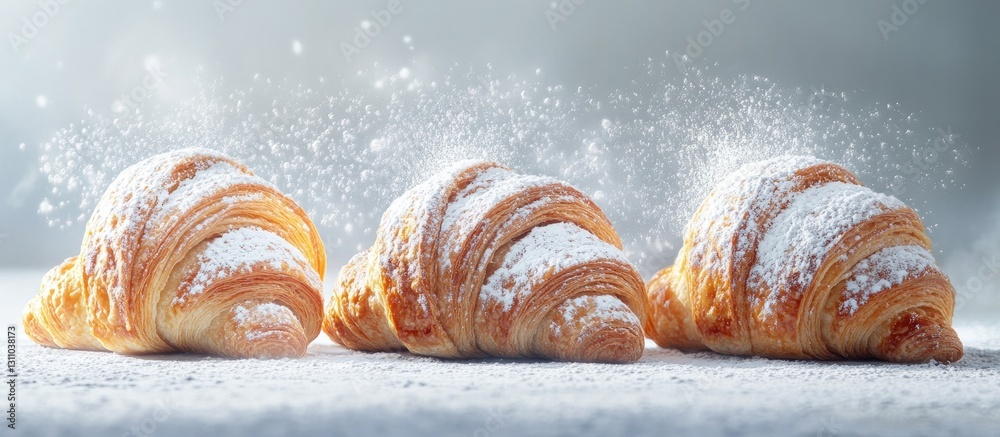 Poster Freshly baked croissants dusted with powdered sugar arranged in a row on a soft white background highlighting the flaky texture and golden color.
