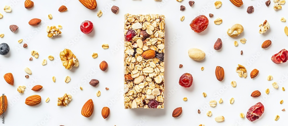 Poster granola energy bar surrounded by assorted nuts and dried fruits on a white background showcasing hea
