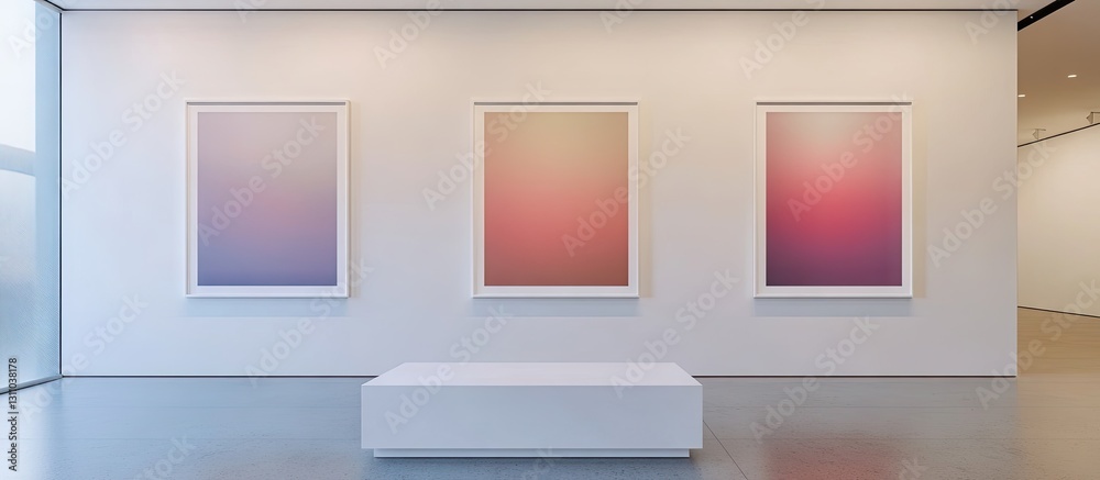Poster Three white mockup art frames arranged symmetrically on a clean white wall, displaying soft gradient artwork, with natural lighting enhancing the scene.