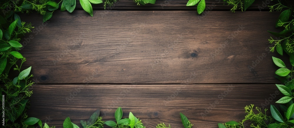 Leinwandbilder wooden background with dark brown tones framed by vibrant green vinegar tree branches creating a nat