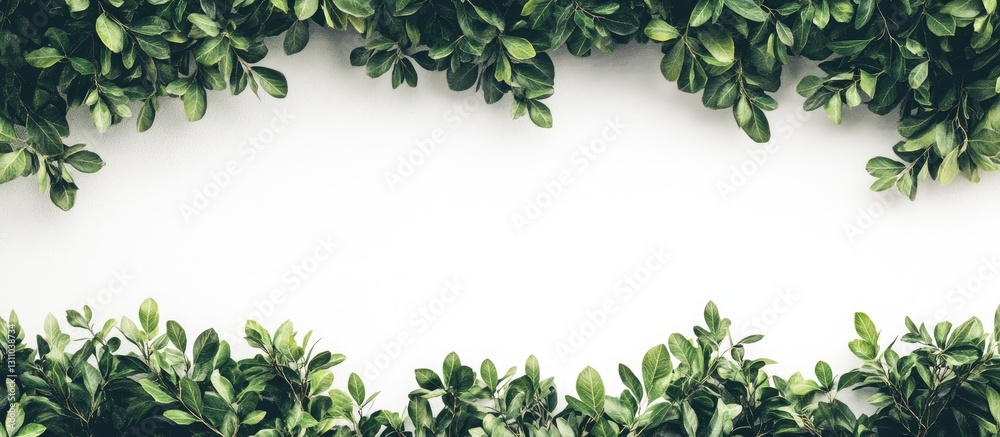 Fototapete lush green foliage framing a blank white backdrop with vibrant leaves positioned at the top and bott