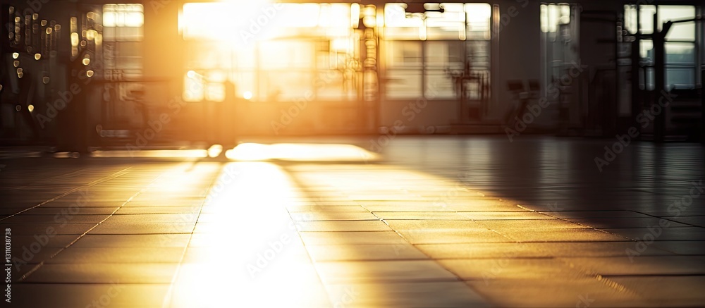 Poster silhouette of a dark gym with sunlight streaming across a polished floor, creating a warm amber glow