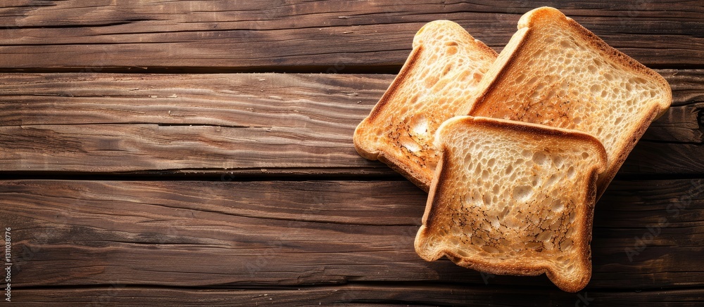 Poster Toasted bread slices arranged on a rustic wooden table with a warm brown tone and blank space on the left for adding custom images or text.