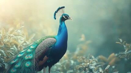 Fototapeta premium 120.Vibrant Indian male peacock in close-up, with its radiant feather tail spread wide, set against a soft, neutral backdrop with space for text.