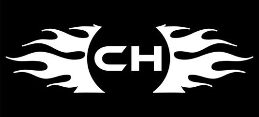 Futuristic abstract Logo with Fiery Flame Motif and Geometric 'CH' Emblem, Black and White Artwork