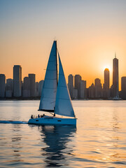 a sleek sailboat glides gracefully across the calm ocean surface during a sunset, with a city skyline in the background