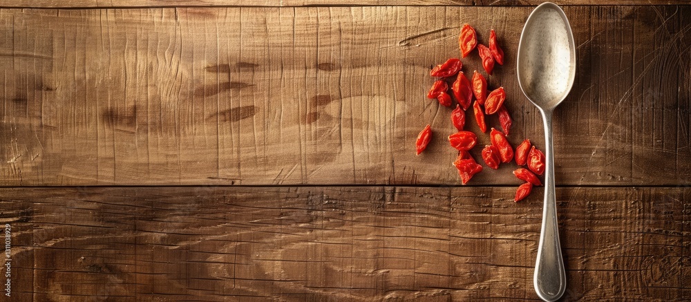 Aufkleber top view of a rustic wooden table featuring a silver spoon and scattered dried goji berries on the l