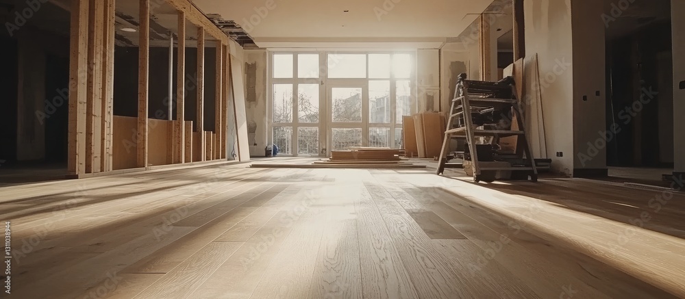 Aufkleber renovated interior space with wooden flooring and sunlight streaming through large windows casting s