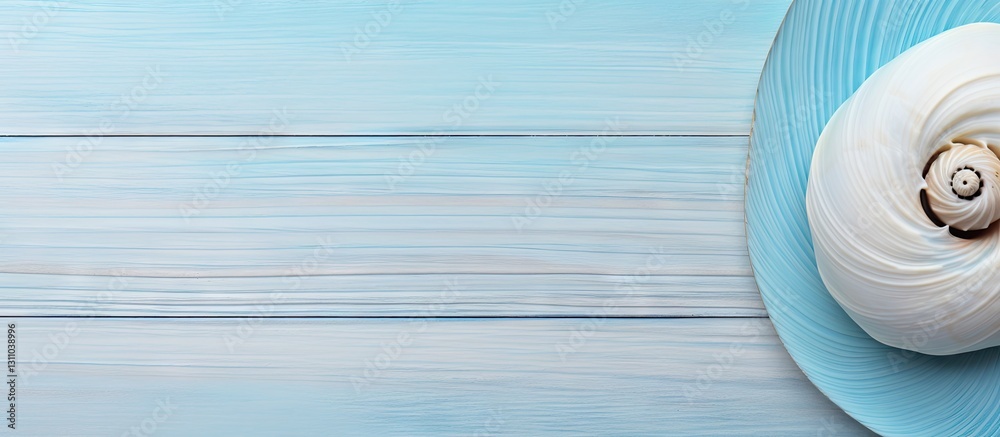Aufkleber top view of a beautifully detailed sea shell resting on a light blue wooden background with soft tex