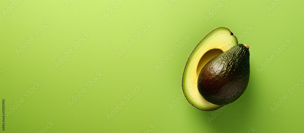 Poster Cut avocado on a vibrant green background positioned to the right with ample copy space on the left for text or branding purposes