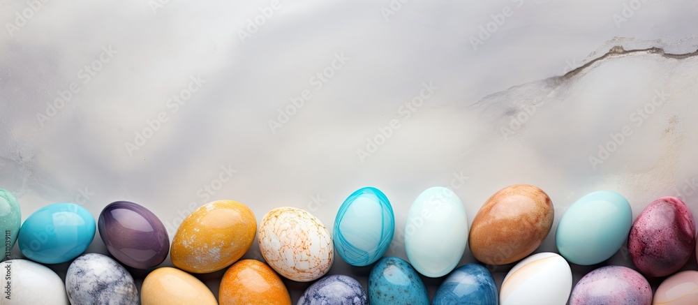 Poster Colorful pastel Easter eggs arranged in a row on a light grey stone background with ample copy space above for text display.