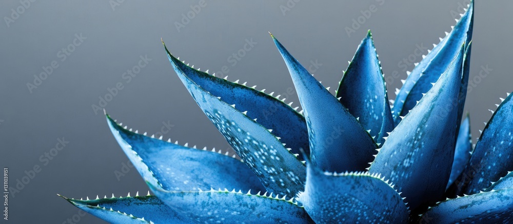 Poster vibrant blue aloe vera leaves with intricate features positioned asymmetrically against a smooth gra