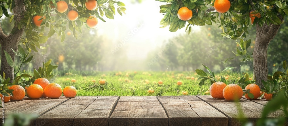 Poster natural wooden podium display with fresh oranges on grass under sunlight in a serene farm setting su