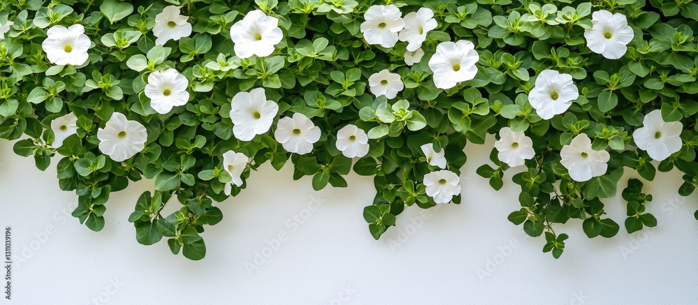 Poster vibrant white flowering shrub cascading over a green backdrop with lush leaves showcasing a natural 