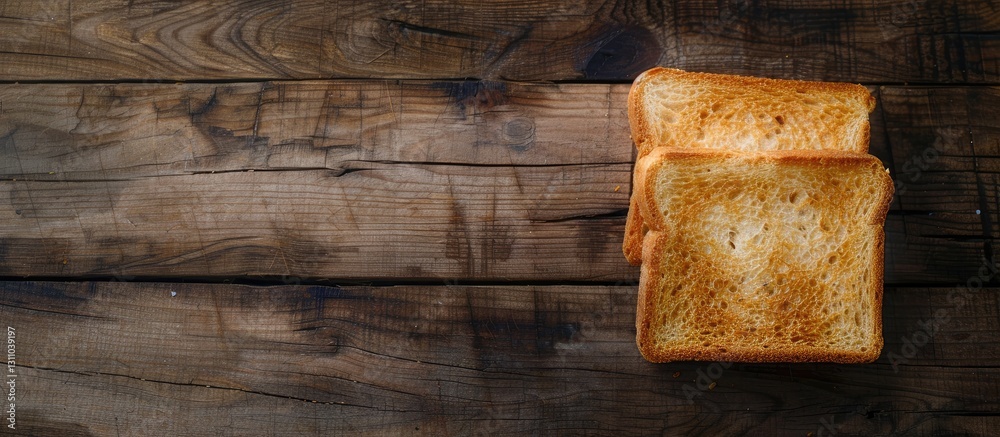 Aufkleber Toasted bread slices positioned in the bottom left corner on a rustic wooden table with ample blank space on the right for text or images