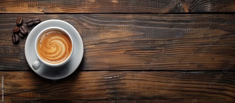Poster Top view of a white coffee cup with swirling pattern centered on a rustic wooden table with scattered coffee beans on the left and copy space on the right