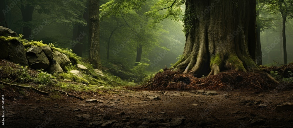 Fototapete lush green forest with tall trees on damp soil featuring thick roots in the foreground and sunlight 