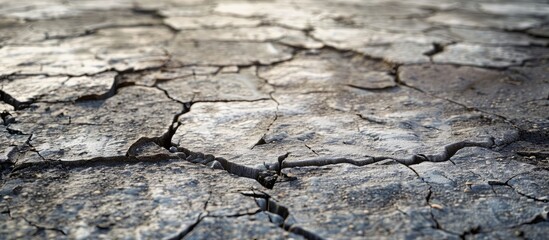 Cracked gray concrete street surface with detailed broken texture showcasing natural wear and tear ideal for backgrounds and copy space.
