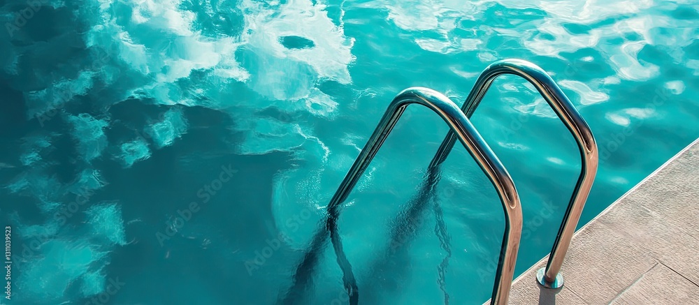Aufkleber serene swimming pool with turquoise water reflecting a clear sky, featuring silver ladder on the sid