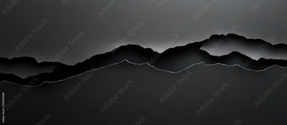 Poster minimalist abstract design featuring torn black and gray paper strips layered atop a dark background