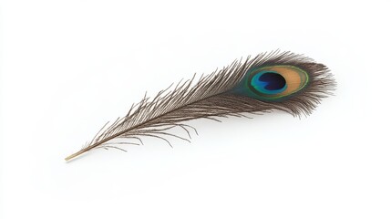 129.Delicate peacock feather positioned diagonally on a white background, emphasizing its vibrant eye-like design for home decor inspiration.