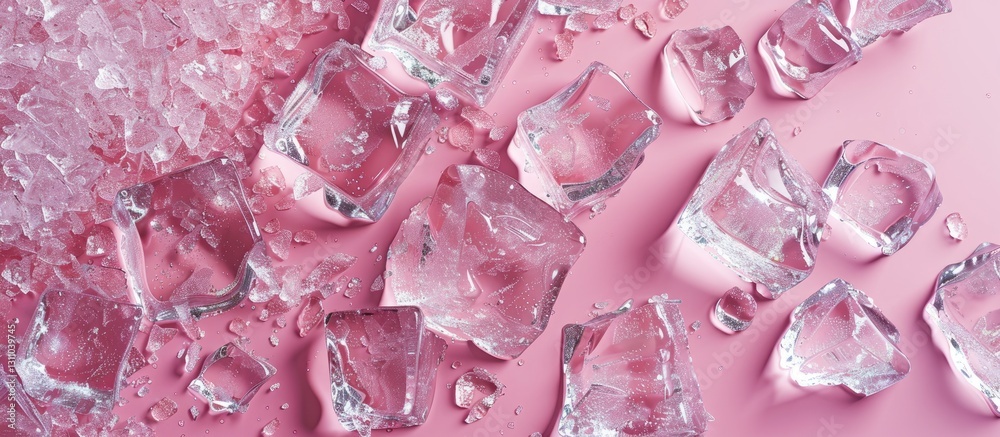 Poster crushed ice pieces scattered on a soft pink backdrop with ample copy space featuring translucent tex