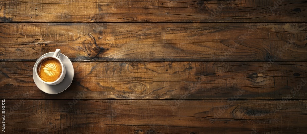 Poster aromatic latte in a white cup placed on a textured dark wooden table with warm brown tones, featurin
