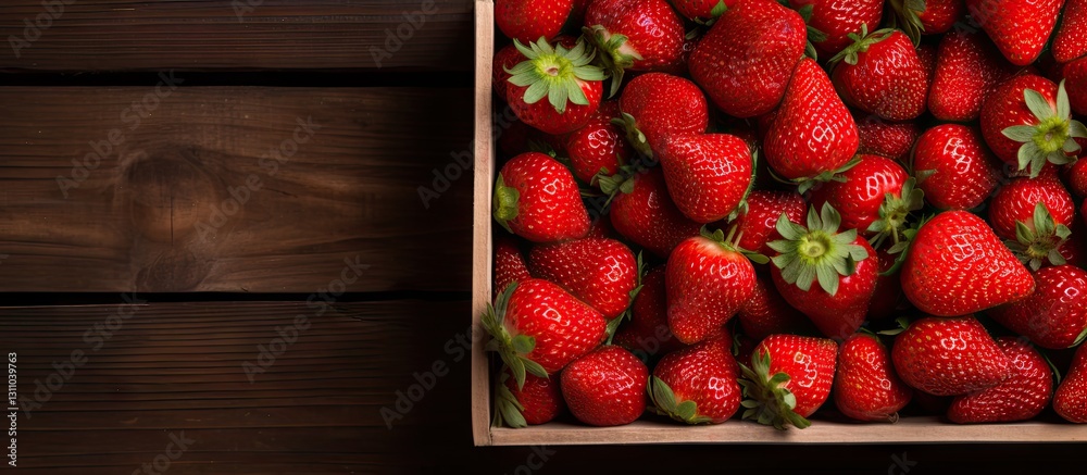 Aufkleber wooden background featuring a crate of ripe red strawberries positioned on the left, with ample copy