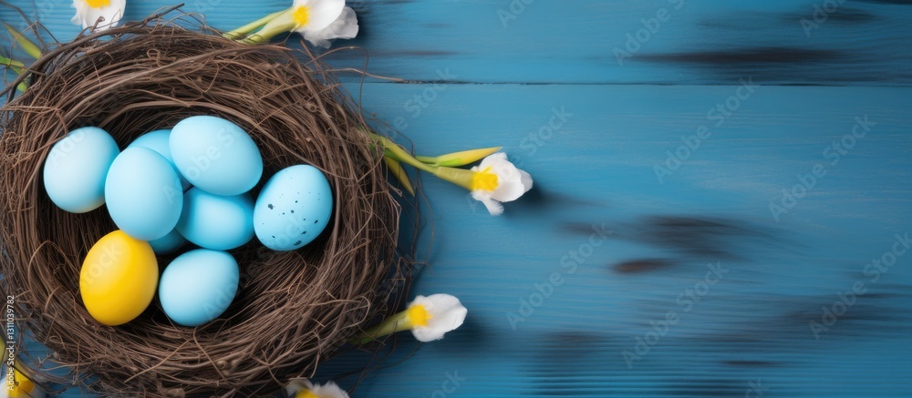 Poster nesting scene with blue and white eggs in a brown nest surrounded by yellow tulips on a blue wooden 
