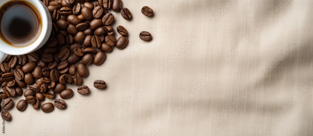 Poster Coffee cup positioned at the top left surrounded by scattered coffee beans on a light beige linen cloth background with ample copy space on the right