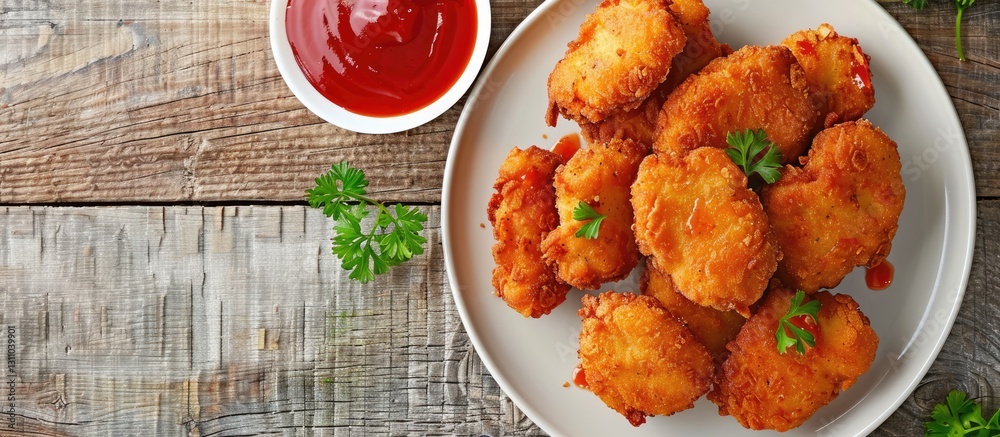 Poster golden homemade chicken nuggets arranged on a white plate with ketchup in a small bowl on a rustic w