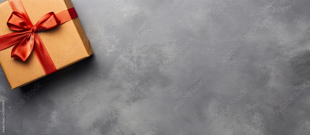 Poster Top view of a brown gift box with a red ribbon on a textured gray concrete surface creating ample blank space for text or images