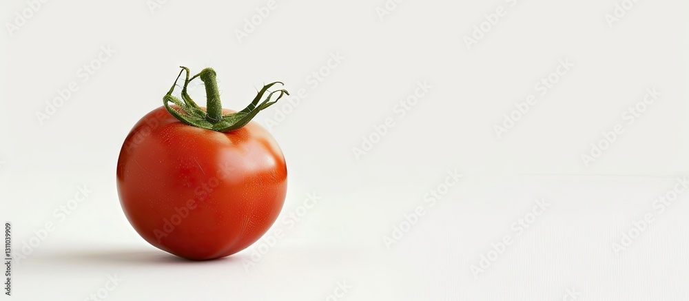 Poster Fresh ripe red tomato positioned on a clean white background with ample negative space on the left inviting creative copy and design elements.