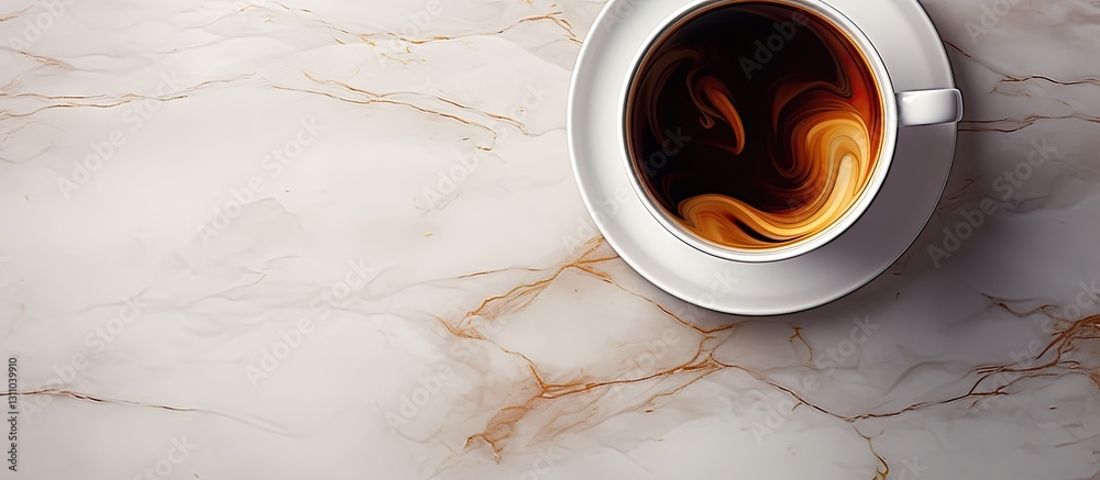 Poster Coffee cup with swirling dark brown coffee on light marbled background positioned top right with empty space for text on left side.