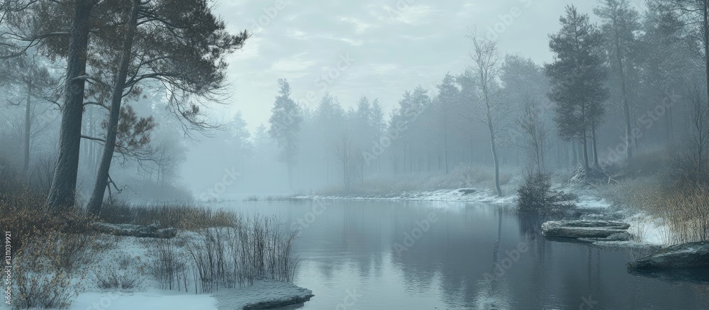 Poster winter fog envelops a serene forest lake scene with muted gray tones, soft trees on either side, and