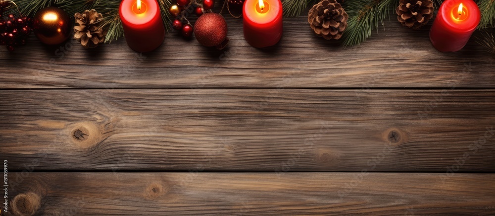 Aufkleber festive composition of red candles and pine cones on aged wooden background with lush greenery creat