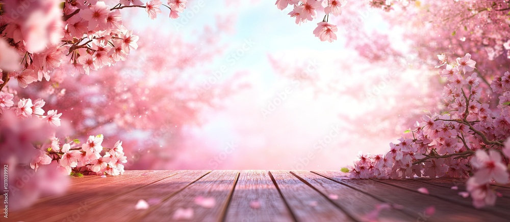 Poster wooden table with pink cherry blossoms framing a soft blue sky background creating a serene atmosphe