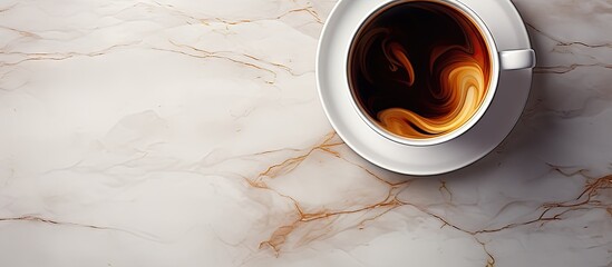 Coffee cup with swirling dark brown coffee on light marbled background positioned top right with empty space for text on left side.