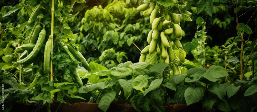 Aufkleber lush green pea plants dominate the scene, with abundant foliage creating ample copy space, illuminat