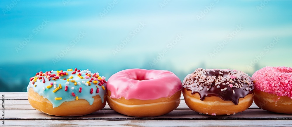 Leinwandbilder glazed donuts in pastel colors arranged on a blue wooden table against a blurred background creating