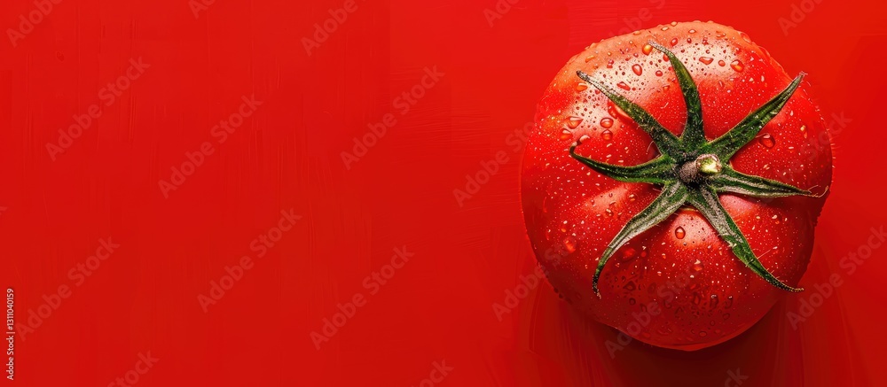 Poster Ripe red tomato positioned on the upper left of a vibrant red background with droplets, creating ample space for text or graphics.
