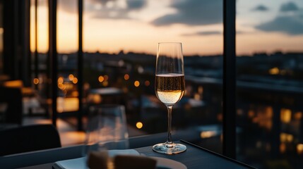 Obraz premium Elegant glass of champagne against a stunning sunset view from a modern restaurant Generative AI