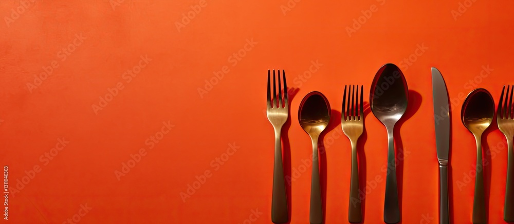 Poster elegant dining utensils including forks, spoons, and a knife arranged in a line on a vibrant orange 
