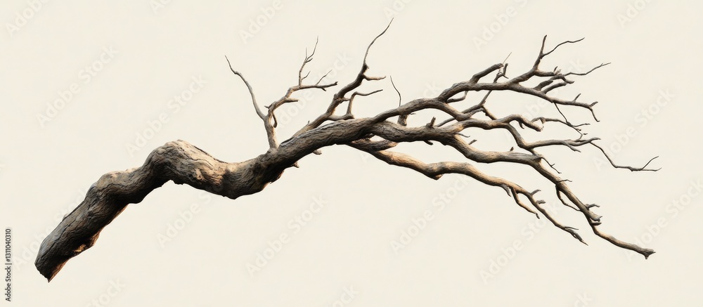 Aufkleber dry tree branch with intricate bare twigs, textured brown bark, positioned diagonally on a soft beig