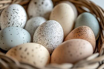A close-up shot of smooth, multicolored eggs in a wicker basket, soft lighting creating a cozy holiday vibe, isolated on white