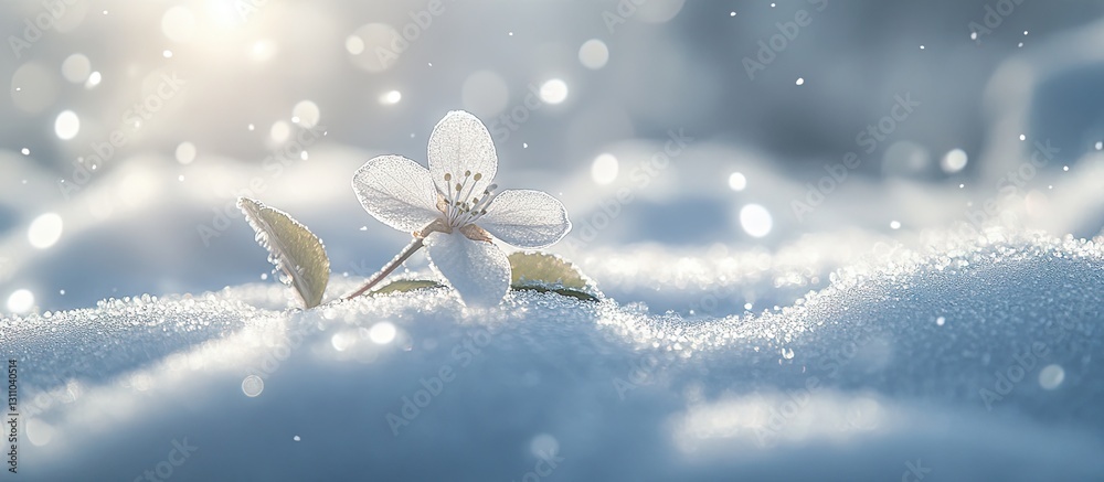 Aufkleber Delicate white flower emerges through soft snow with a blurred icy background and shimmering snowflakes creating a serene winter atmosphere