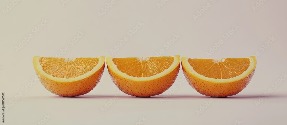 Poster three halved oranges of varying heights arranged in a row against a light beige background showcasin